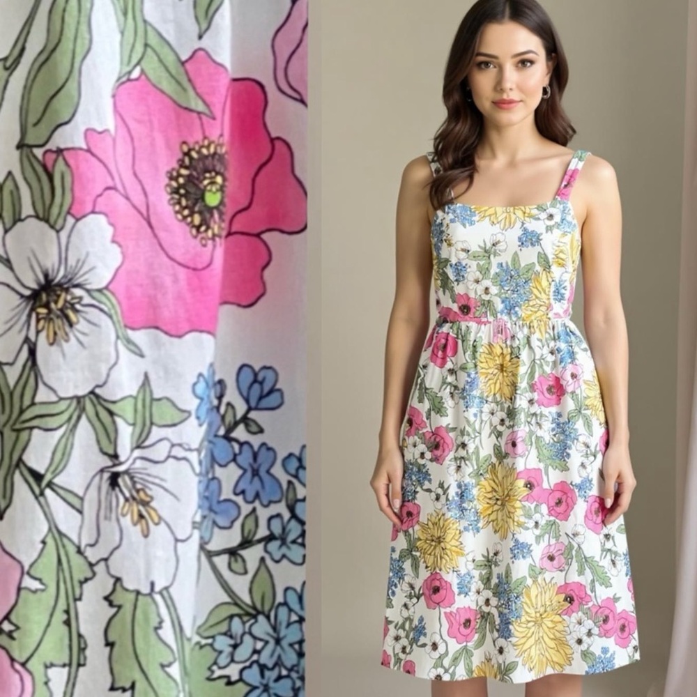 Boston Proper Pastel Light Pink Blue Yellow Retro Floral Midi Dress Size 12